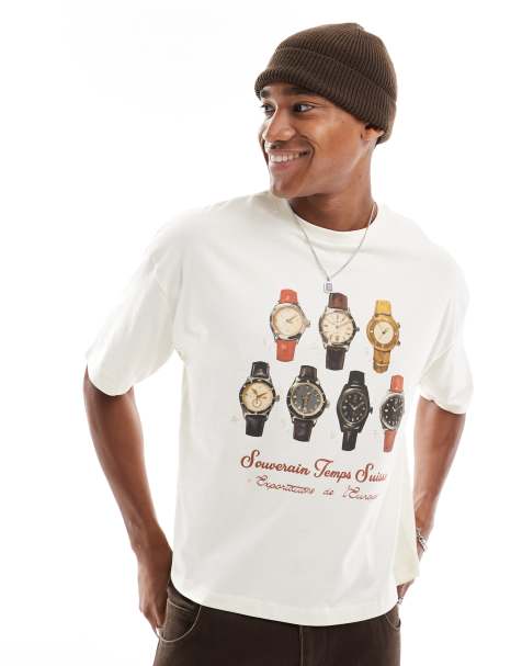 ASOS DESIGN – Kastiges Oversize-T-Shirt in Wollweiß mit Armbanduhren-Print auf der Vorderseite - view 1