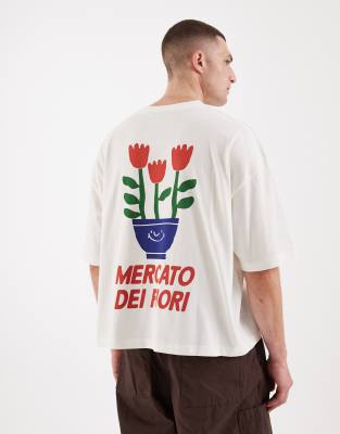 Kastiges Oversize-T-Shirt in Wollweiß mit Blumen-Grafikprint Weiß L