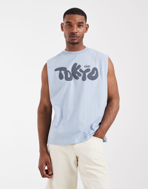 ASOS DESIGN – Kastiges Oversize-Tanktop in Blau mit „Tokyo“-Bubble-Grafikprint - view 1