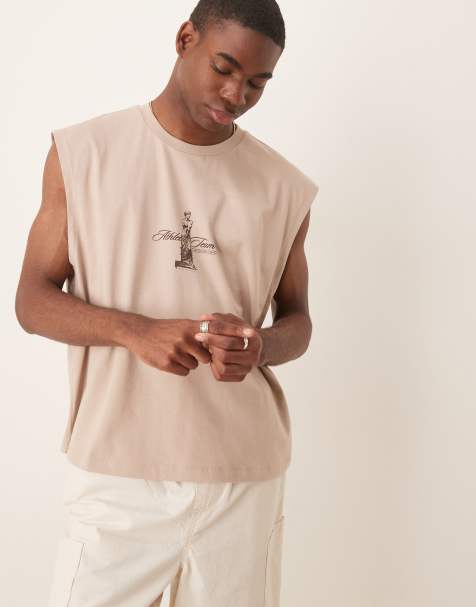 ASOS DESIGN – Kastiges Oversize-Tanktop in Steinbeige mit Print auf Vorder- und Rückseite - view 1