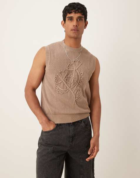 ASOS DESIGN – Kastiges Relaxed Fit Strick-Trägershirt in Braun mit Struktur und Blumenstickerei, Kombiteil - view 1