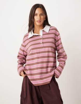 ASOS DESIGN - Kastiges Rugby-Oberteil in gestreiftem Rosa mit Oversize-Schnitt