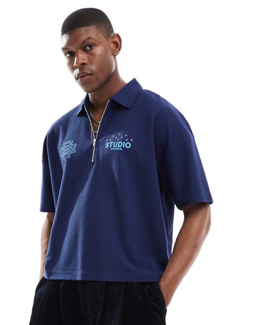 ASOS DESIGN – Kastiges, schweres Oversize-Polohemd in Marineblau mit Waffelstruktur, überschnittenen Schultern und Stickerei, 230 g/m²