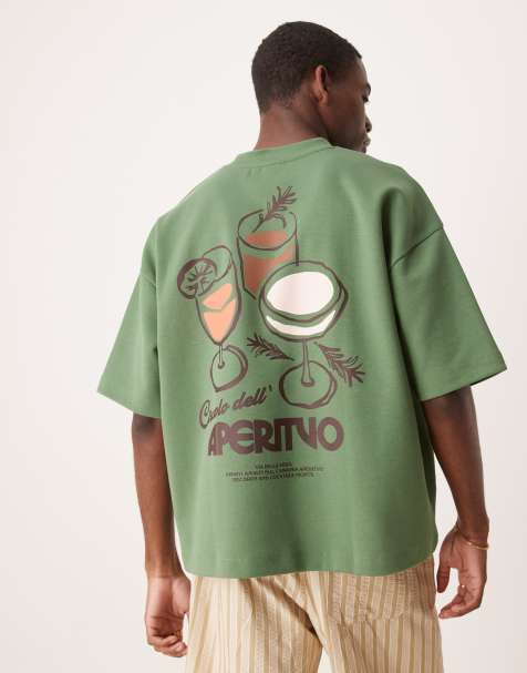ASOS DESIGN – Kastiges schweres Oversize-T-Shirt in Grün mit Drinks-Grafik, 300 g/m² - view 1