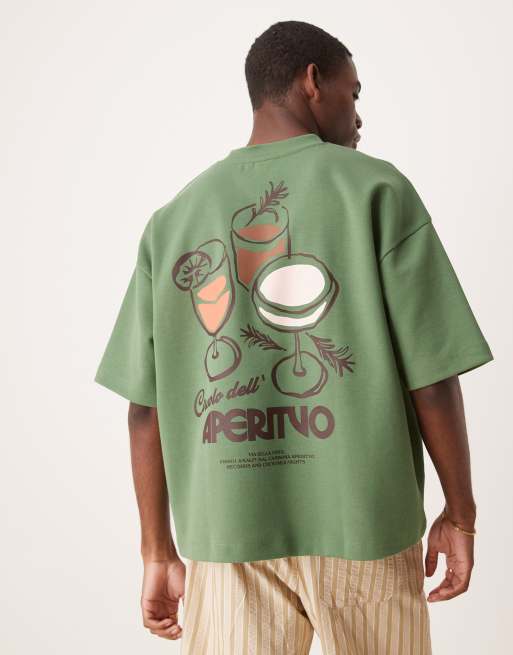 ASOS DESIGN – Kastiges schweres Oversize-T-Shirt in Grün mit Drinks-Grafik, 300 g/m²