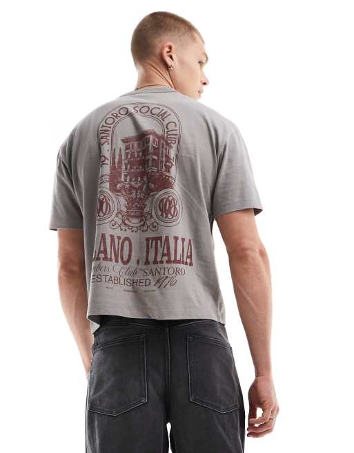ASOS DESIGN – Kastiges, schweres T-Shirt in verwaschenem Grau mit Rückenprint und lockerem Schnitt, 220 g/m²