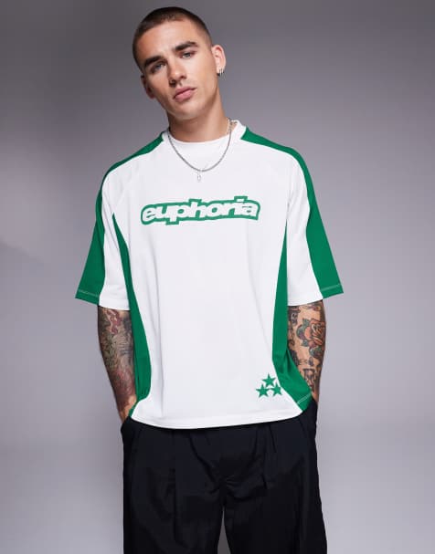 ASOS DESIGN – Kastiges Sport-T-Shirt in Weiß mit Streifeneinsätzen und Textgrafik, Oversize-Passform - view 1