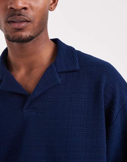 ASOS DESIGN – Kastiges, strukturiertes Oversize-Polohemd in Marineblau mit Reverskragen, 3 von 5
