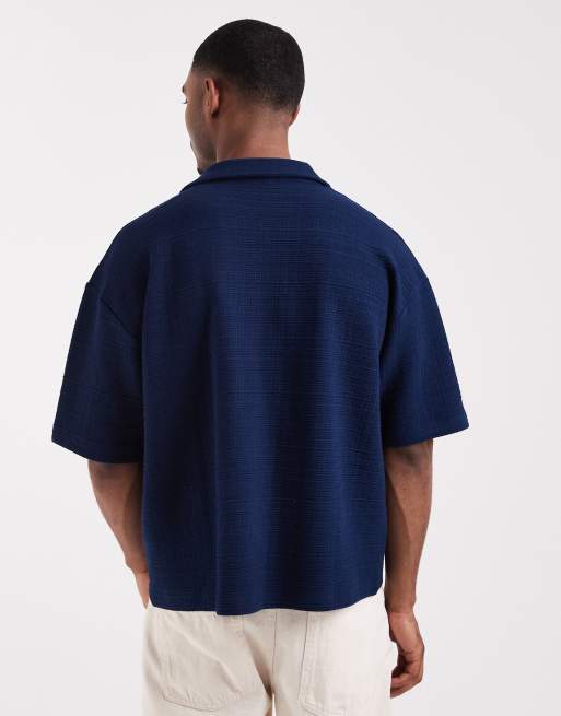 ASOS DESIGN – Kastiges, strukturiertes Oversize-Polohemd in Marineblau mit Reverskragen, 5 von 5