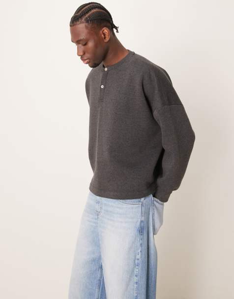 ASOS DESIGN – Kastiges Sweatshirt in Anthrazit meliert mit Henley-Kragen und extremer Oversize-Passform - view 1