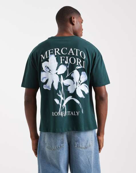 ASOS DESIGN – Kastiges T-Shirt in Dunkelgrün mit Blumenmuster - view 1