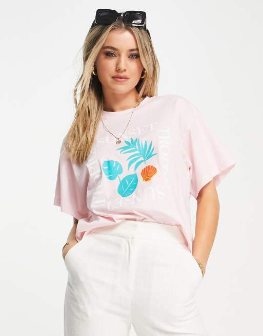 ASOS DESIGN – Kastiges T-Shirt in verwaschenem Rosa mit „Sunset“-Print und Strandgrafik