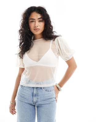 ASOS DESIGN - Kastiges T-Shirt in Weiß mit Tüll-Puffärmeln