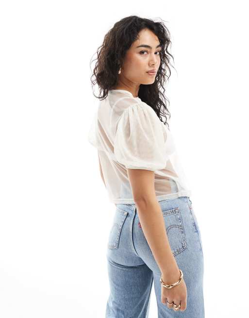 ASOS DESIGN – Kastiges T-Shirt in Weiß mit Tüll-Puffärmeln, 4 von 4