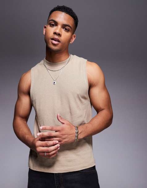 ASOS DESIGN – Kastiges Tanktop aus Leinenmix in Steinbeige mit Rundhalsausschnitt - view 1
