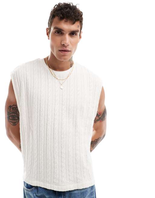 ASOS DESIGN – Kastiges Tanktop in Weiß aus schwerem Material mit Zopfmuster und lockerem Schnitt