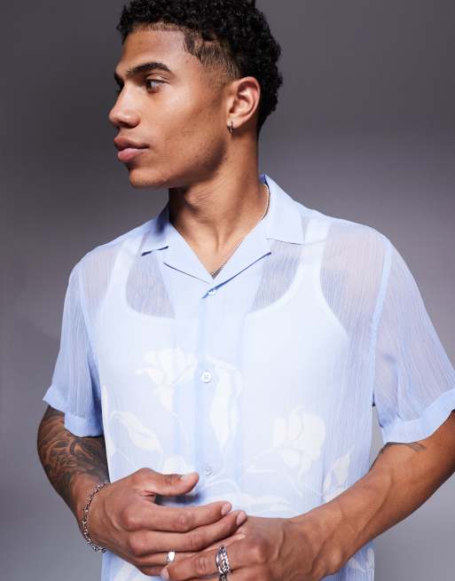 ASOS DESIGN – Kastiges, transparentes Hemd in Blau mit Reverskragen und Blumenmuster, 3 von 4