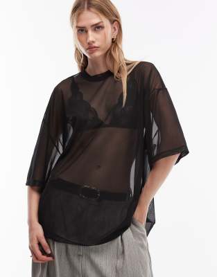 ASOS DESIGN - Kastiges transparentes Oversize-T-Shirt aus Netzstoff in Schwarz, Kombiteil