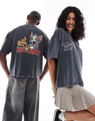 ASOS DESIGN - Kastiges Unisex-T-Shirt in verwaschenem Schwarz mit „Tom and Jerry"-Prints und Oversize-Passform