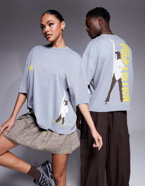 ASOS DESIGN – Kastiges Unisex-T-Shirt mit Oversize-Schnitt in verwaschenem Grau mit „Pulp Fiction“-Prints - view 1