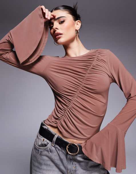 ASOS DESIGN asymmetric gathered flared long sleeve top in chestnut