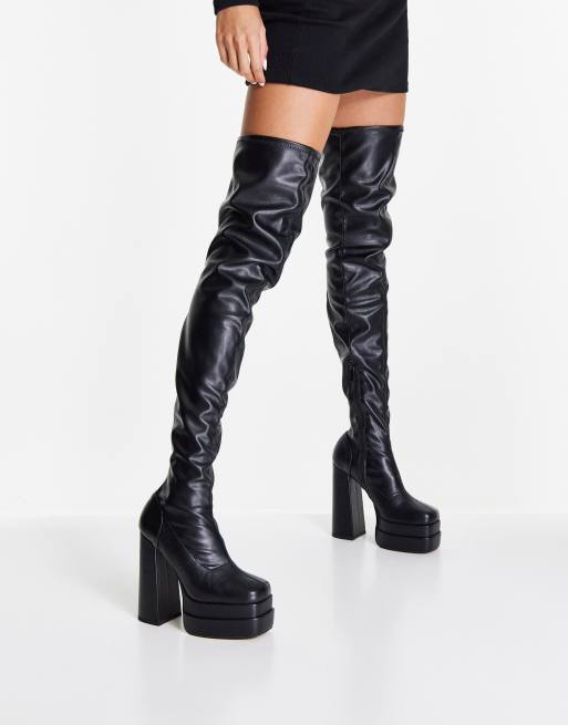 ASOS DESIGN Kathleen high heeled platform over the knee boots in black