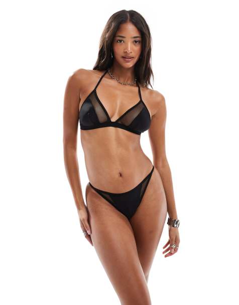 ASOS DESIGN Katie May mesh insert tanga bikini bottom in black - view 1