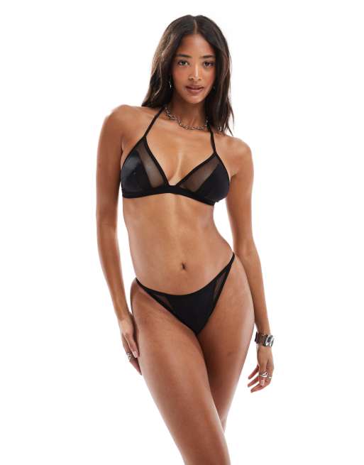 ASOS DESIGN - Katie May - Slip bikini stile tanga nero con inserto a rete, 2 di 4