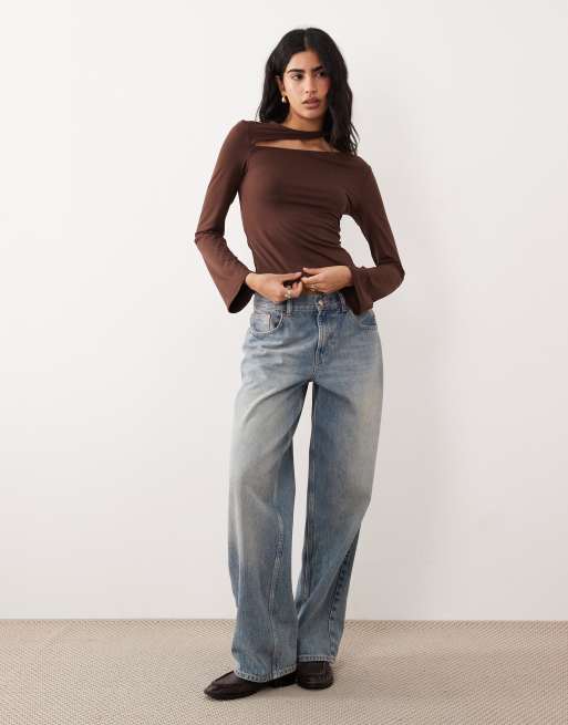 ASOS DESIGN - Katoenachtige top met lange mouwen en uitsnijding in chocoladebruin, 3 van 4