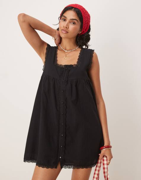 ASOS DESIGN - Katoenen babydoll mini jurk met kanten rand in zwart - view 1