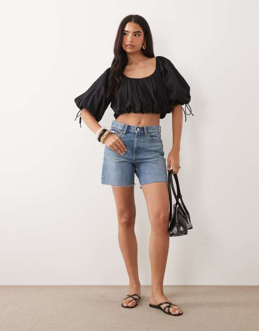 ASOS DESIGN - Katoenen crop top met pofmouwen in zwart, 2 van 4