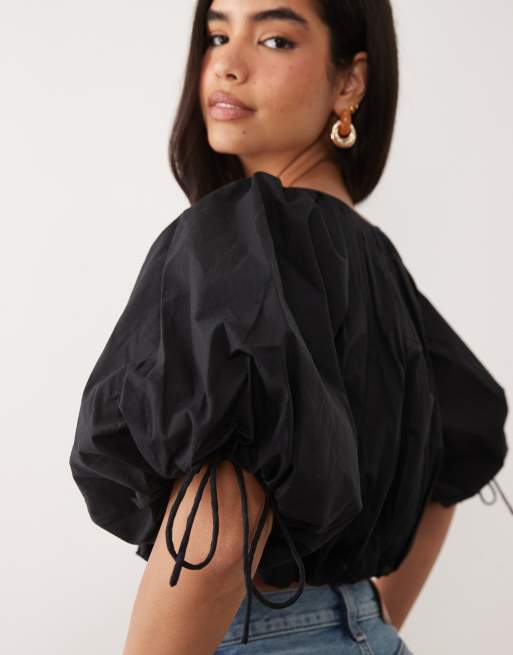 ASOS DESIGN - Katoenen crop top met pofmouwen in zwart, 3 van 4