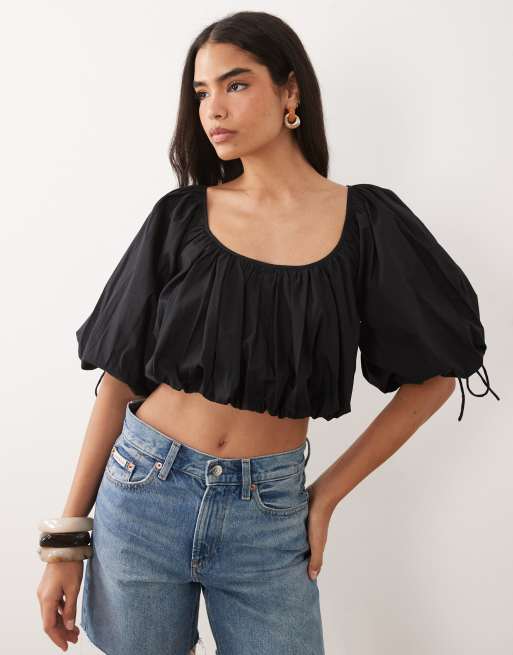 ASOS DESIGN - Katoenen crop top met pofmouwen in zwart, 4 van 4