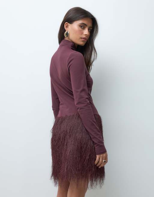ASOS DESIGN katoenen fluffy mini jurk in bordeauxrood, 5 van 5
