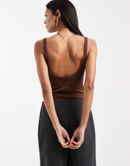 ASOS DESIGN - Katoenen geribbelde bodysuit met lage ronde rug in bruin, 4 van 4