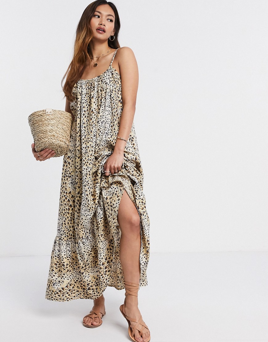 ASOS DESIGN - Katoenen lange poplin cami-jurk met A-lijn, strook en luipaardprint-Multi