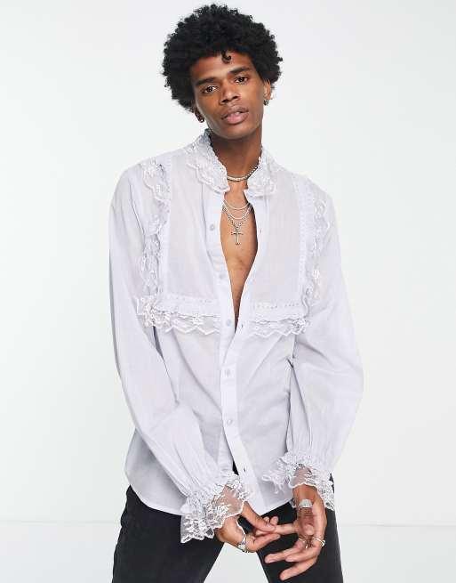 ASOS DESIGN - Katoenen overhemd met kanten randje in blauw