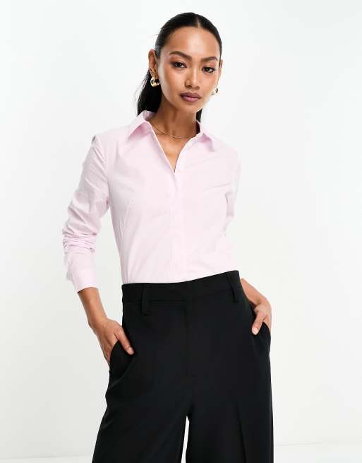 ASOS DESIGN - Katoenen overhemd met lange mouwen en stretch in roze en wit gestreept