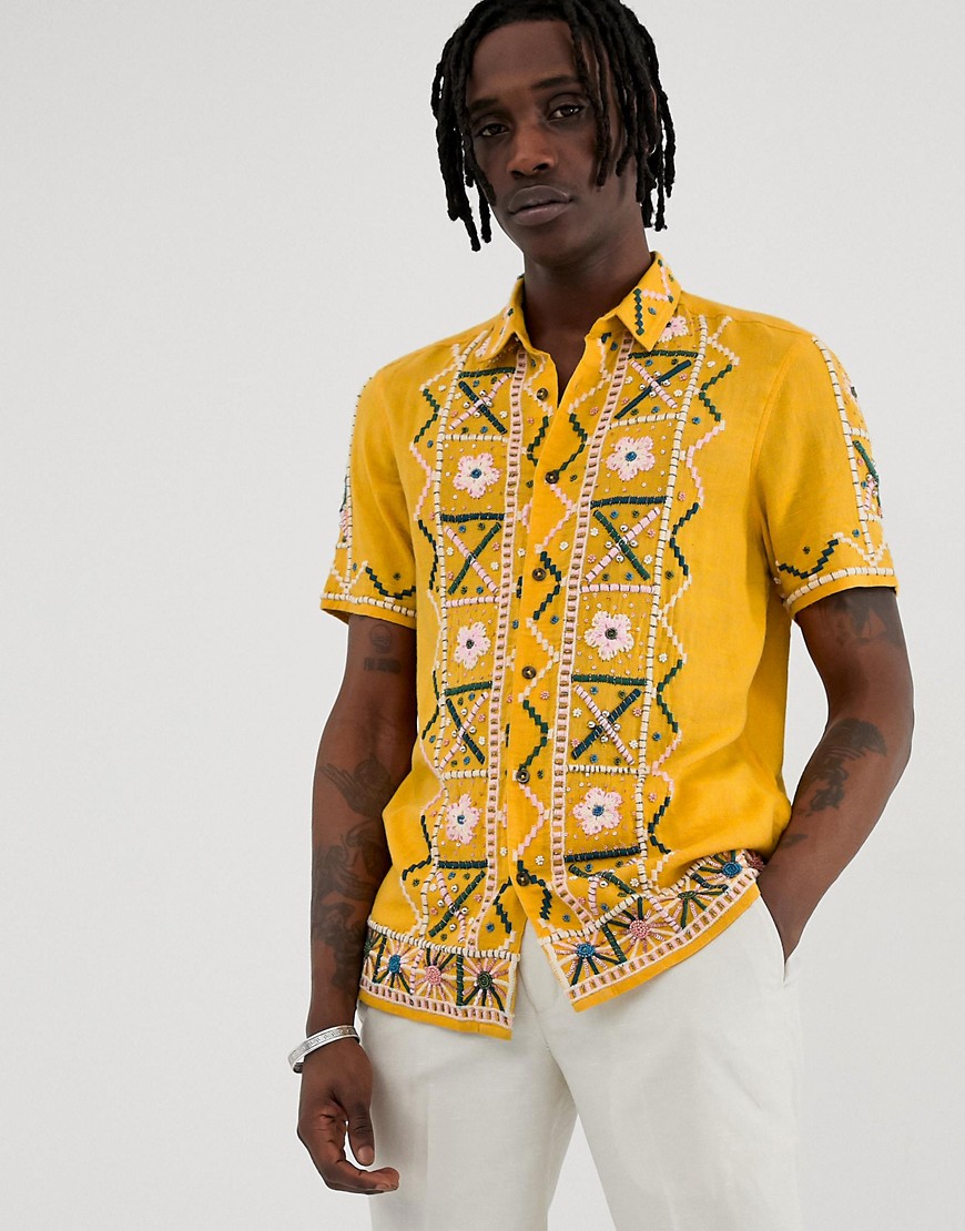 ASOS DESIGN - Katoenen overhemd met regular-fit pasvorm en handgemaakte boorduursel & versieringen-Geel