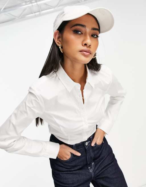 ASOS DESIGN - Katoenen overhemdbody met stretch en lange mouwen in wit