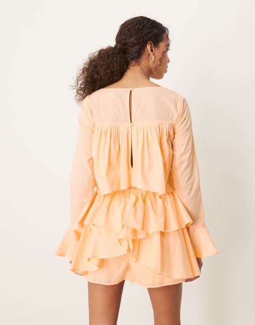 ASOS DESIGN - Katoenen playsuit met ruches en uitsnijding in perzikkleur, 3 van 4