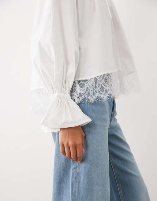 ASOS DESIGN katoenen poplin blouse met striksluiting bij de hals en kanten zoom in wit, 3 van 4