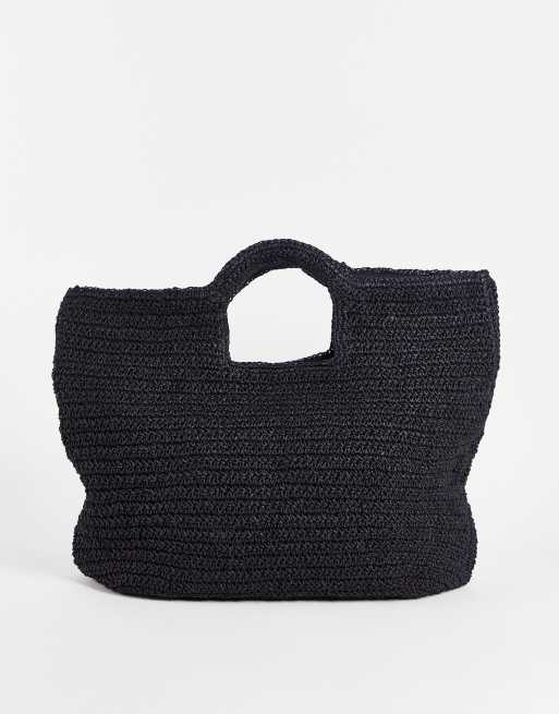 ASOS DESIGN - Katoenen raffia tote met handvat in zwart 