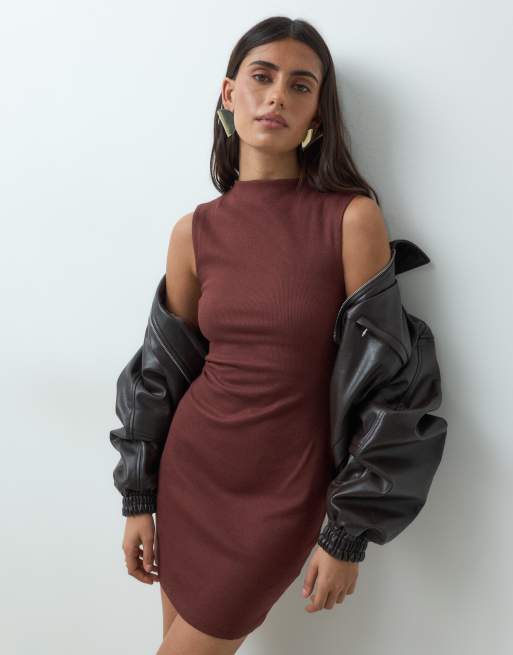ASOS DESIGN katoenen rib mini jurk in chocoladebruin, 5 van 5