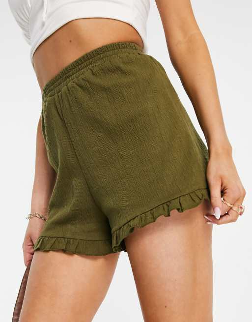 ASOS DESIGN - Katoenen short van kreukelstof met ruches in kaki