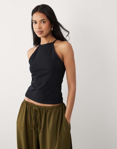 ASOS DESIGN - Katoenen tanktop met racerhals en bandjes in jaren 90-stijl in zwart - view 1