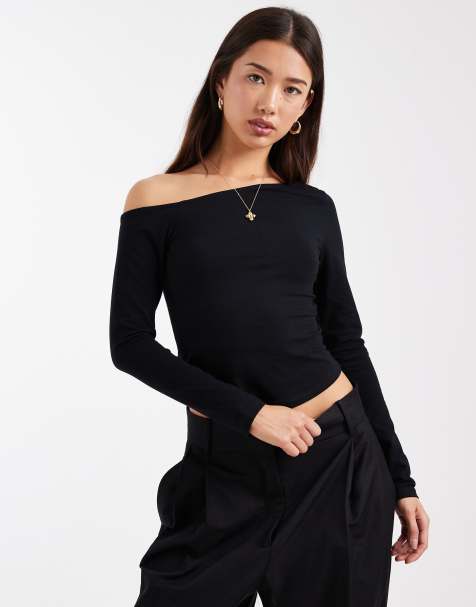 ASOS DESIGN - Katoenen top met blote schouder en lange mouwen in zwart - view 1