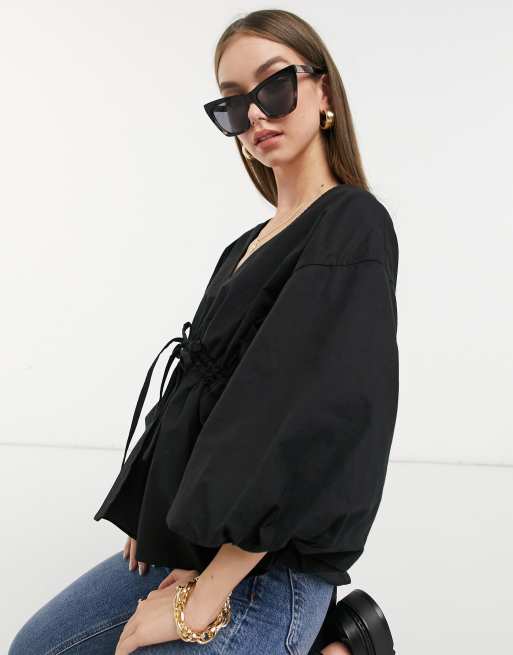 ASOS DESIGN - Katoenen top met V-hals en gestrikte taille in zwart, 3 van 4