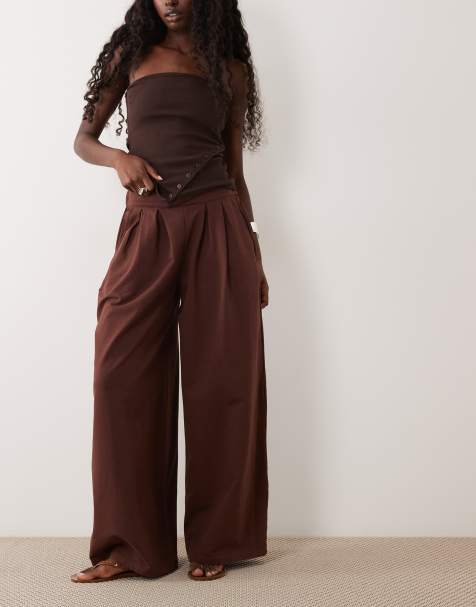 ASOS DESIGN katoenen twill broek met wijde pijpen in donkerbruin - view 1