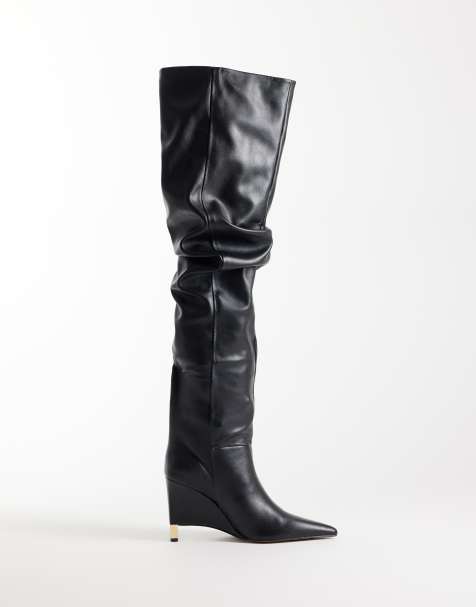 ASOS DESIGN Katya wedge ruched over the knee boots in black - view 1